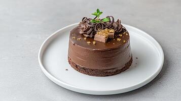 small elegant chocolate cake with gold leaf accents, topped with chocolate curls and mint photo