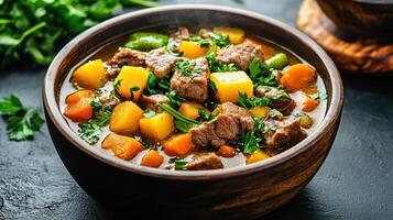steaming bowl of hearty beef and vegetable soup filled with vibrant ingredients photo