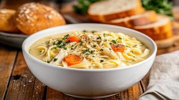 delicious bowl of chicken noodle soup with tender noodles, vegetables, and herbs, perfect for photo