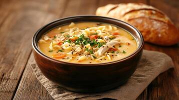 steaming bowl of chicken noodle soup with vegetables, perfect for comfort photo