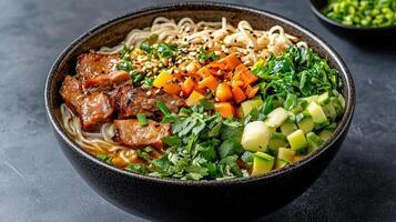 steaming hot bowl of noodle soup filled with fresh vegetables and tender meat, perfect for cozy photo