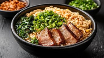 steaming hot bowl of flavorful noodle soup topped with fresh greens and tender meat photo