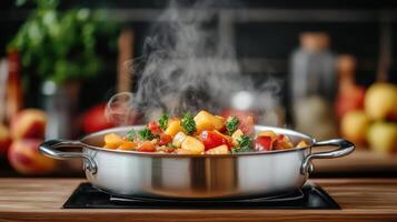 steamy pot of simmering vegetables with vibrant colors and fresh herbs creates warm atmosphere photo