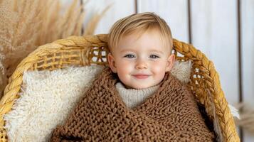 Cozy child wrapped in warm blanket, smiling happily in serene setting photo