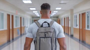 student confidently walking through school hallway with backpack, ready for class photo