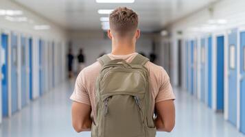 student confidently walking through school hallway, ready for day ahead photo