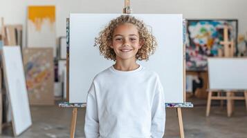 young artist smiles confidently in front of blank canvas, ready to create photo