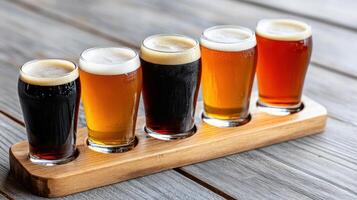 Craft beer flight featuring various styles and colors, showcasing delightful tasting experience photo