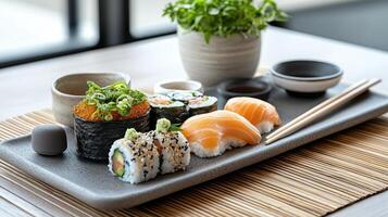 Sushi platter featuring various rolls and sashimi, beautifully arranged for sharing photo