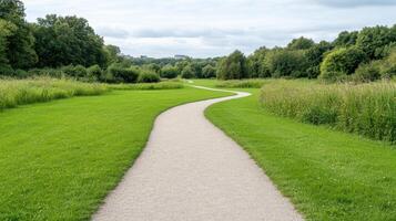 winding path through lush green landscape invites exploration and tranquility photo