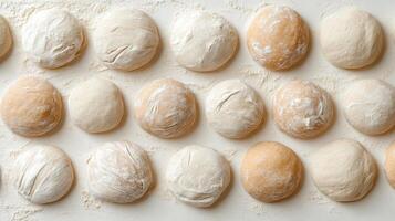 Neatly arranged dough balls on floured surface, showcasing variety of textures and colors photo
