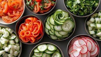 Fresh vegetables arranged bowls, including tomatoes, cucumbers, and herbs, create vibrant photo