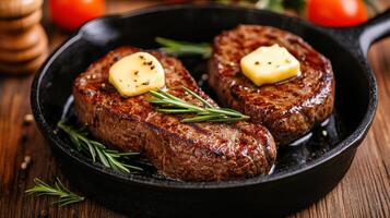 Juicy steaks sizzling in cast iron skillet, topped with butter and fresh herbs photo