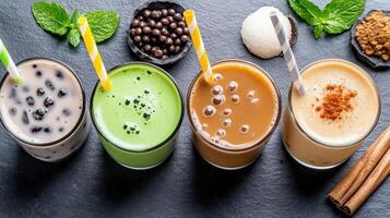 Colorful drinks with tapioca pearls and various flavors are beautifully arranged photo