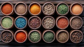 vibrant display of spices wooden bowls, showcasing variety of colors and textures. arrangement photo
