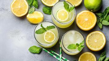 Refreshing lemon drinks with mint leaves and fresh lemons create vibrant scene photo
