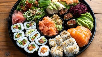 beautifully arranged sushi platter featuring various types of sushi, sashimi, and garnishes photo