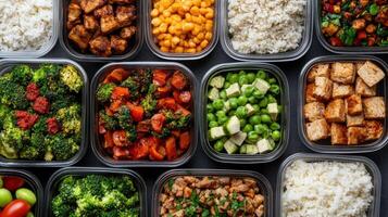 Meal prep containers filled with various healthy foods like rice, vegetables, and proteins photo