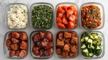 Delicious meal prep featuring marinated meats, rice, and fresh vegetables, perfect for healthy photo