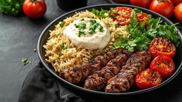 Delicious kebabs served with rice pilaf, grilled tomatoes, and creamy sauce photo