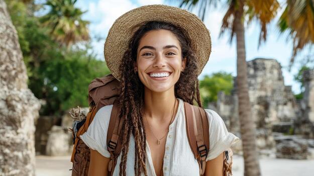 Exploring ancient ruins, joyful traveler smiles with backpack and hat photo