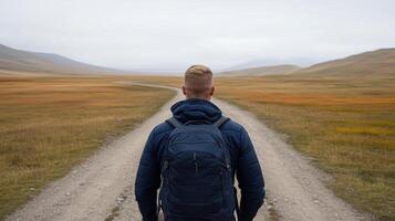 traveler stands at crossroads in remote countryside, contemplating journey ahead photo