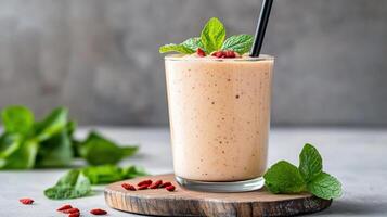 Creamy smoothie with goji berries and mint leaves, perfect for refreshing treat photo
