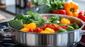 Fresh vegetables steaming in stainless steel pan, showcasing vibrant colors and healthy cooking photo
