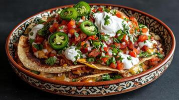 delicious plate of nachos topped with fresh ingredients, including jalapenos, sour cream photo
