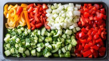 Freshly cut vegetables arranged in vibrant colors, showcasing healthy and appetizing display photo