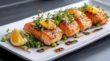 Grilled salmon fillets garnished with fresh herbs and citrus slices create vibrant dish photo