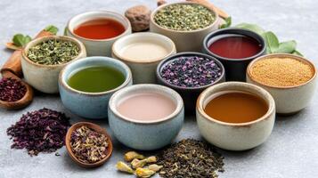 vibrant spread of different herbal tea blends in various bowls, showcasing colors and textures photo