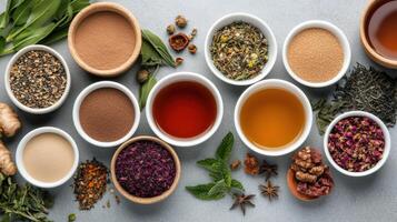 vibrant spread of different herbal tea blends, dried herbs, and spices creates colorful display photo