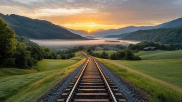 scenic view of train tracks winding through lush green hills sunrise, with mist hovering over photo