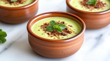 Creamy matcha dessert topped with crunchy bits and mint leaves, perfect for indulgence photo