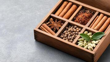 vintage spice box opened to reveal various compartments filled with aromatic spices photo