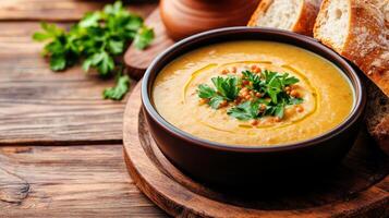 warm bowl of lentil soup garnished with fresh herbs, served with rustic bread photo