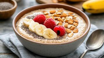 delicious bowl of overnight oats topped with fresh fruits and nuts, perfect for healthy photo