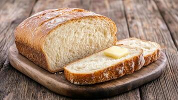 Freshly baked loaf of bread with slice topped with melting butter, perfect for breakfast photo