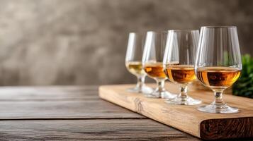 Tasting glasses filled with whiskey showcase variety of rich colors and aromas photo