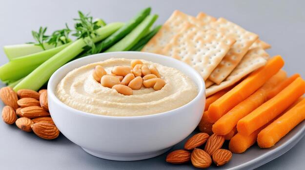 Creamy hummus served with fresh veggie sticks, crackers, and nuts creates delightful snack photo
