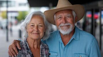 Elderly couple smiling together, enjoying moment outdoors, showcasing love and companionship photo
