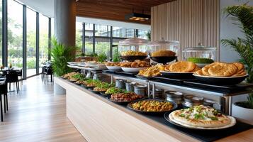 beautifully arranged buffet featuring variety of dishes, including aromatic curries, breads photo