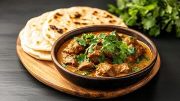 delicious bowl of lamb rogan josh garnished with fresh herbs, served with flatbreads photo