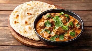 delicious bowl of lamb rogan josh served with naan bread, garnished with fresh cilantro photo