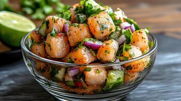 Fresh ceviche with diced fish, herbs, and vegetables creates vibrant dish photo