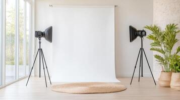 bright photography studio setup featuring white backdrop, softbox lights, and natural aesthetic photo