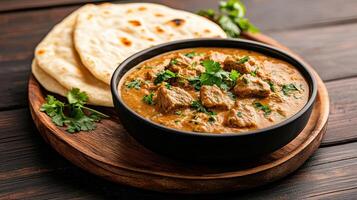delicious bowl of lamb curry served with flatbreads, garnished with fresh herbs photo