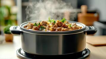bubbling slow cooker filled with rich stew, emitting steam and garnished with herbs photo