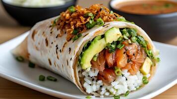 delicious poke burrito filled with fresh fish, rice, and vibrant toppings, perfect for photo